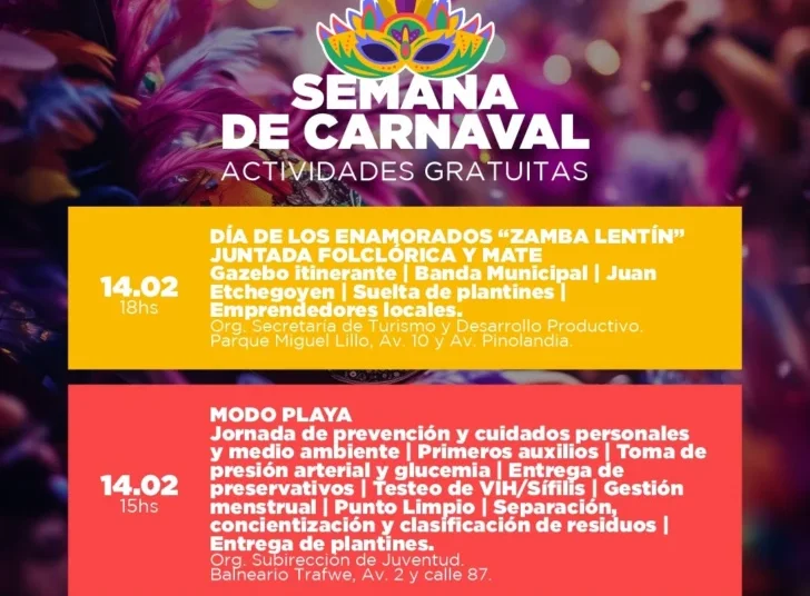 Agenda de actividades programadas para la Semana de Carnaval en Necochea
