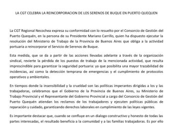 Reconocimiento de la CGT de Necochea a la obligatoriedad de contratación de serenos de buques en Puerto Quequén