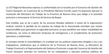 Reconocimiento de la CGT de Necochea a la obligatoriedad de contratación de serenos de buques en Puerto Quequén