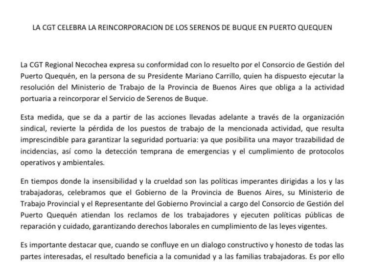 Reconocimiento de la CGT de Necochea a la obligatoriedad de contratación de serenos de buques en Puerto Quequén
