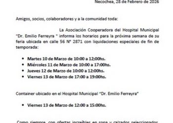 Horarios de atención esta semana de la feria de la Coop. del Hospital Emilio Ferreyra