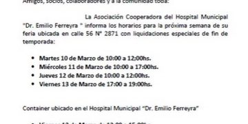 Horarios de atención esta semana de la feria de la Coop. del Hospital Emilio Ferreyra