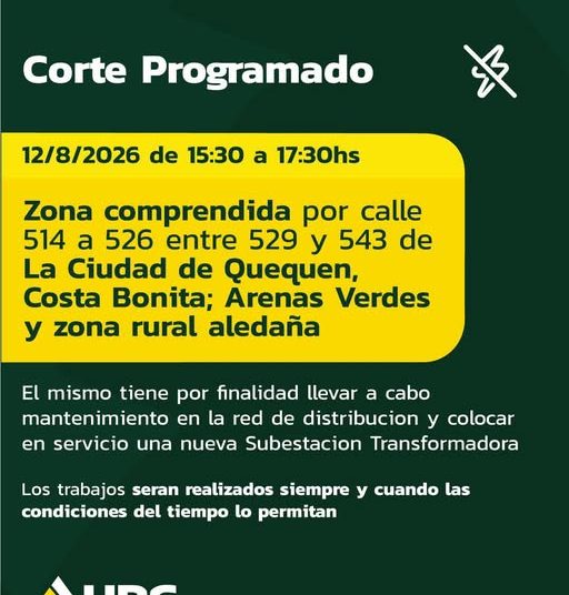 Corte de luz en Quequén para esta tarde de miércoles, informó la UPC